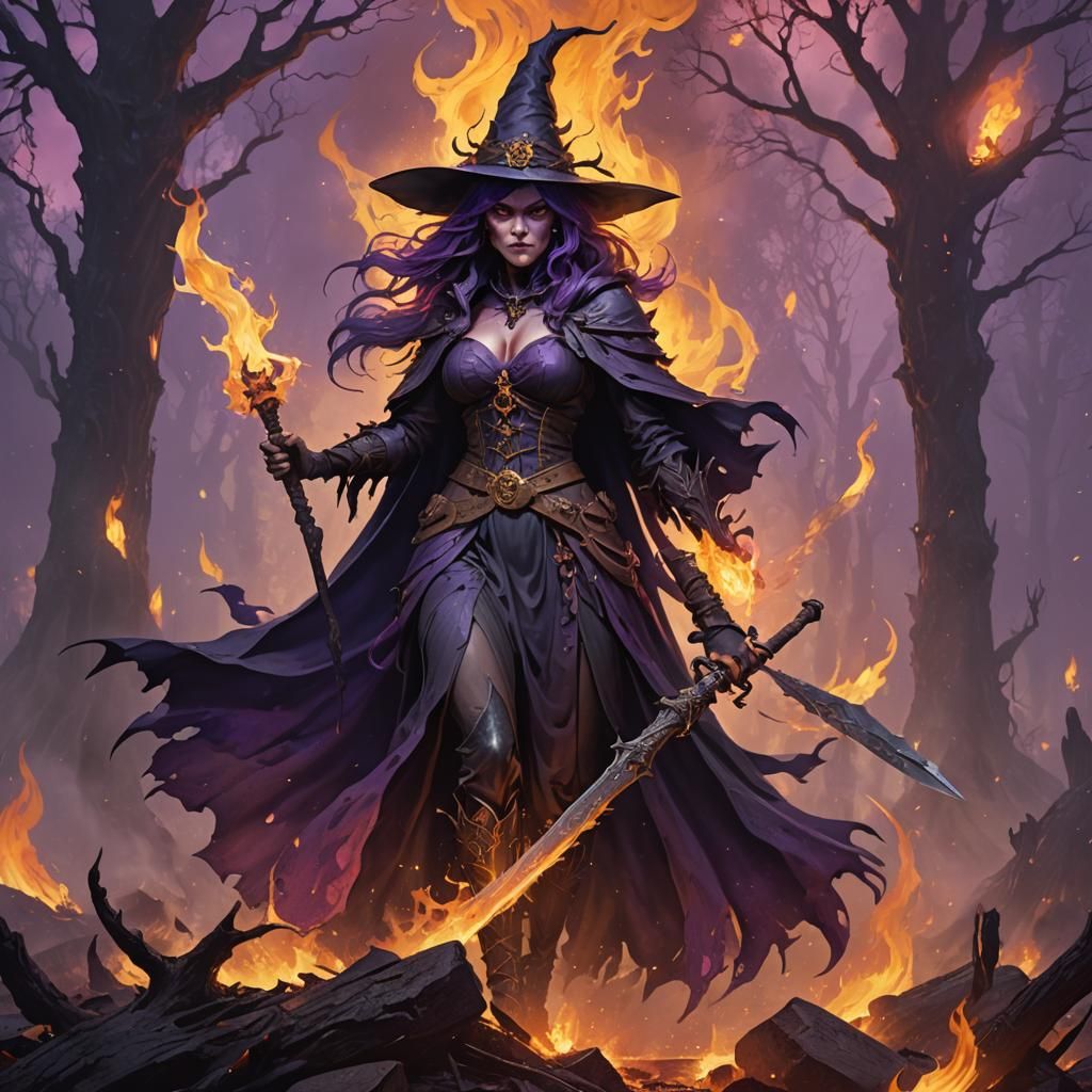 Angry Witch with Sword in Dark Fantasy Landscape