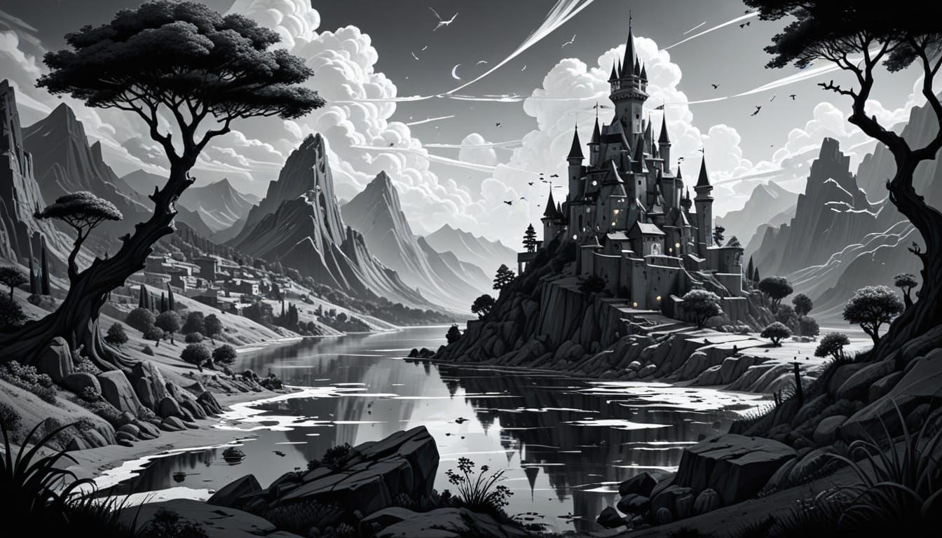 a dramatic surreal flat 2d pencil sketch abstract landscape on a page where everything is square-shaped, The image is mo...