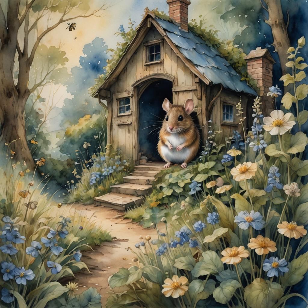 Woodmouse in English Countryside: Whimsical Watercolour