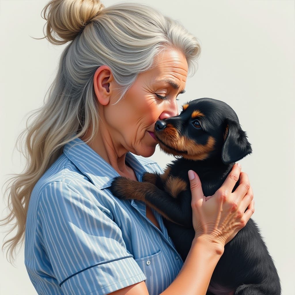 Elegant Lady Cuddles Her Furry Companion in Whimsical Waterc...