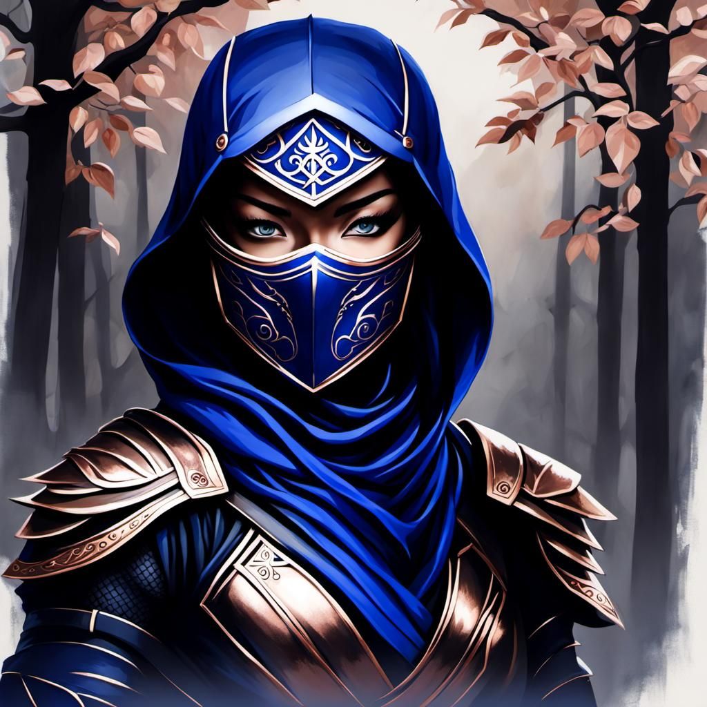 Female Ninja with Cobalt Mask in Ink Wash Style