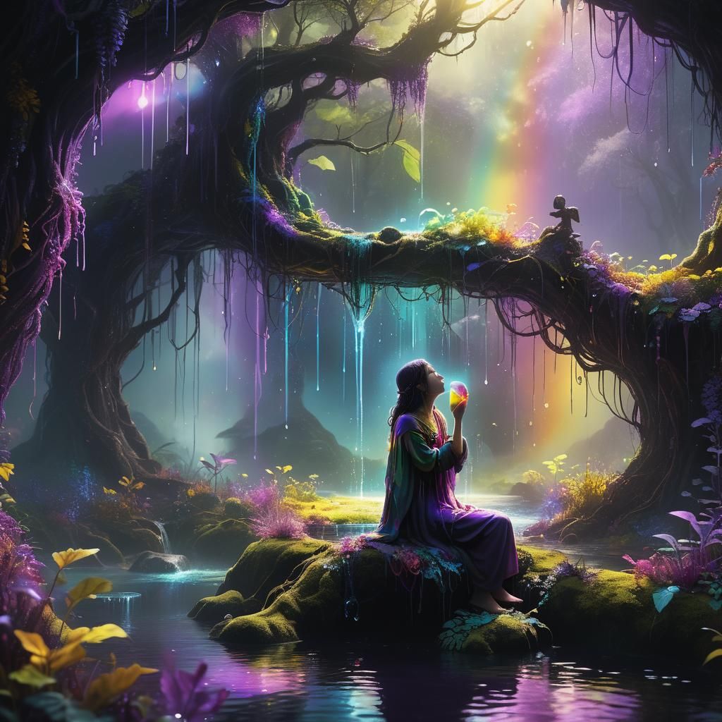 Glowing Well in Dark Fantasy Rainbow Forest