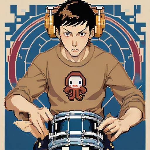 8-bit Octopus Drummer in Anime Pixel Art