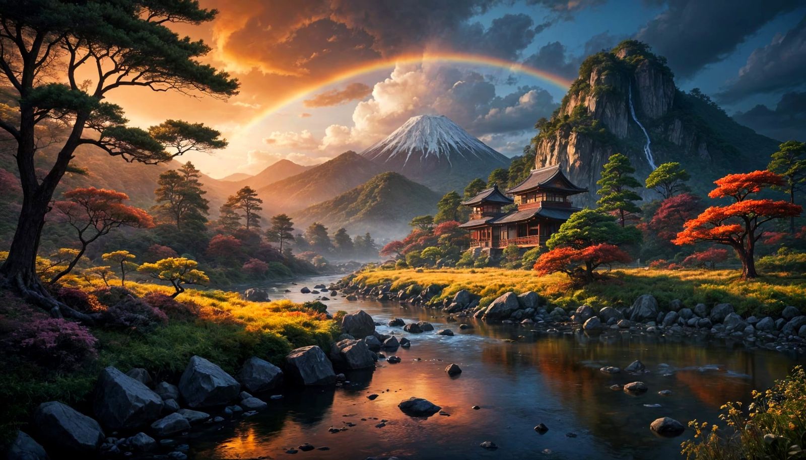 Vibrant Japanese Sunset with Uchikake and Rainbow