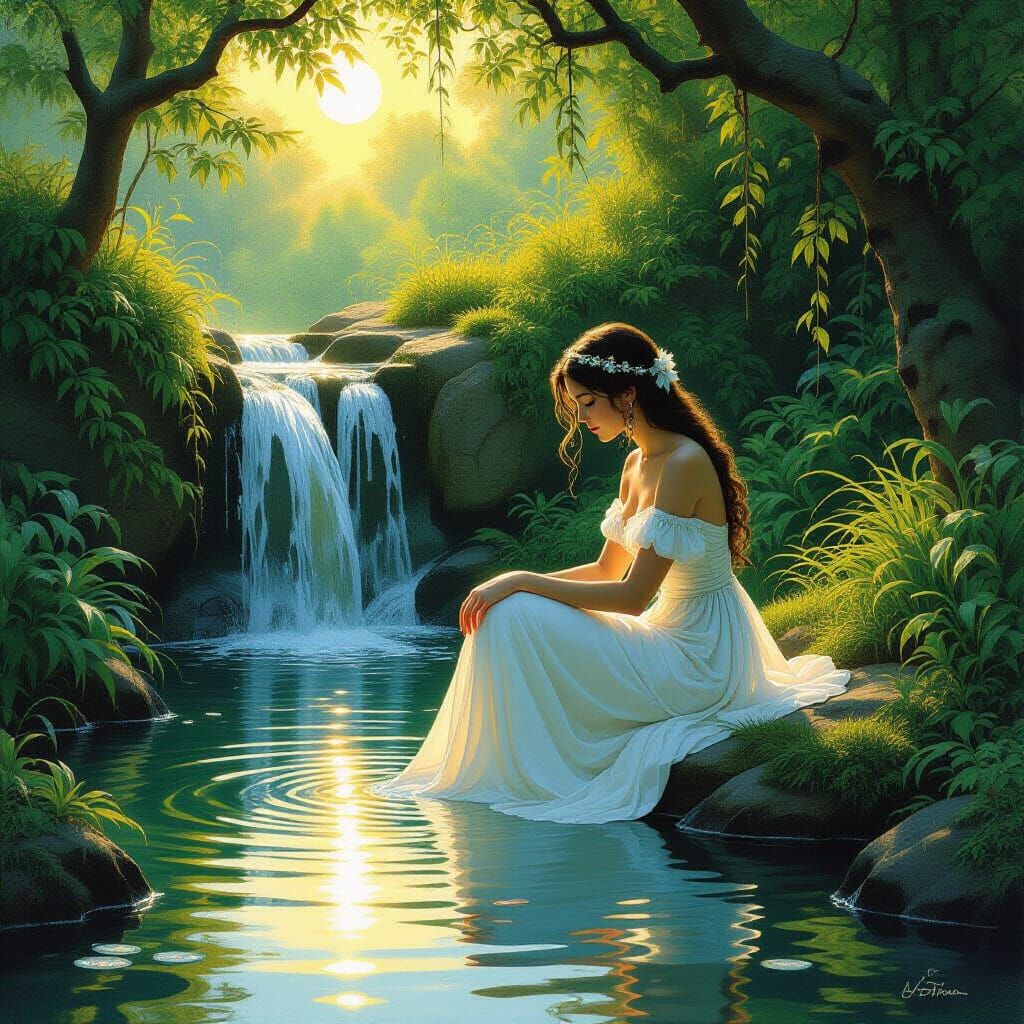 Nymph Bathes in Golden Light as Fantasy Oil Painting