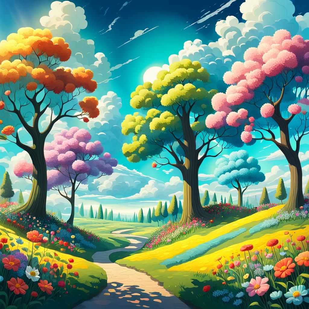 Vibrant Whimsical Landscape with Smiling Elements