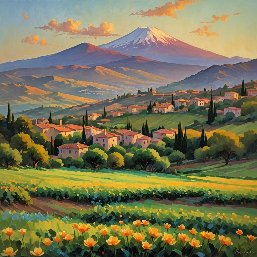 Mount Etna Landscape in Impressionist Style