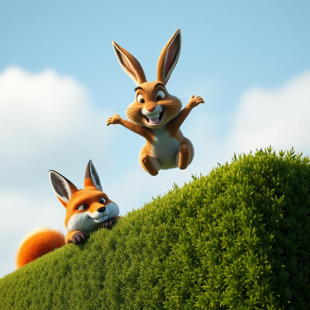 Smug Hare Jumps Over Hedge: 3D Comic Art