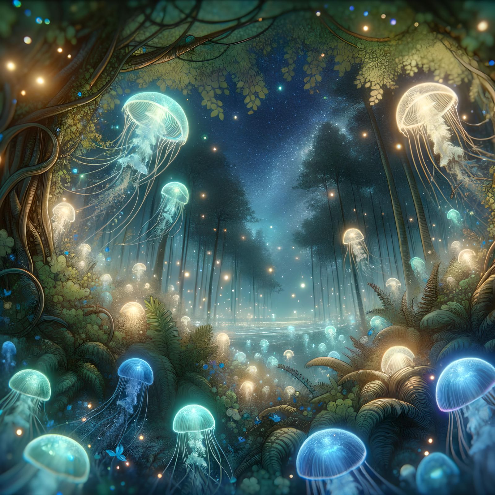 Bioluminescent Jellyfish Forest in Fairycore Watercolor Styl...
