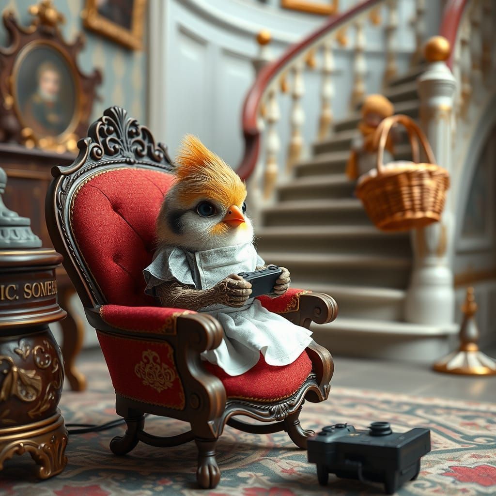 Baby Bird Gamer in Opulent Mansion, Whimsical Art