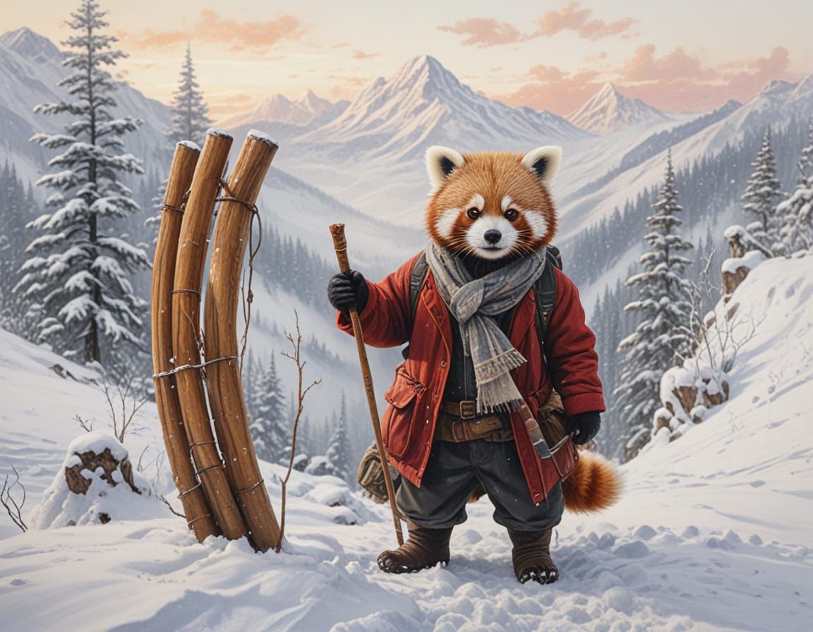 Red Panda Explorer in Snowy Mountains at Sunset