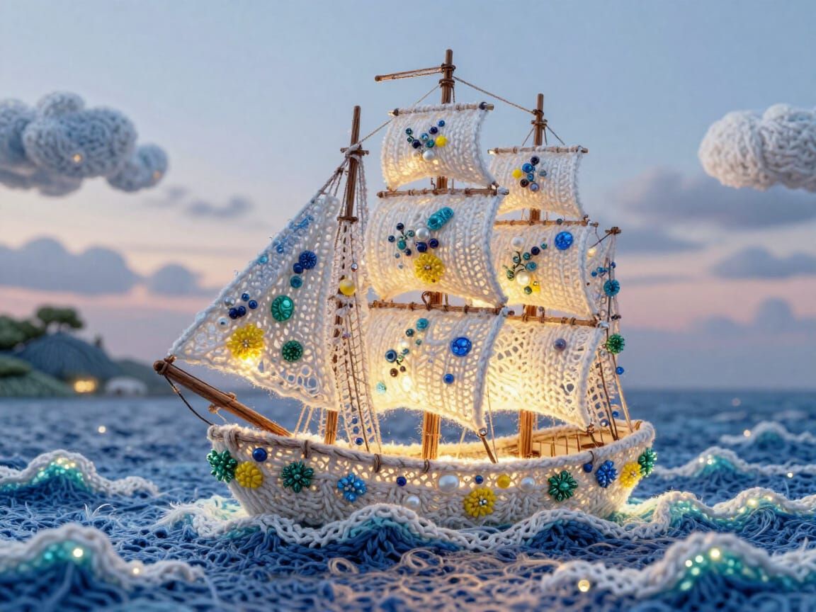Knitted Ship Sails on Illuminated Sea