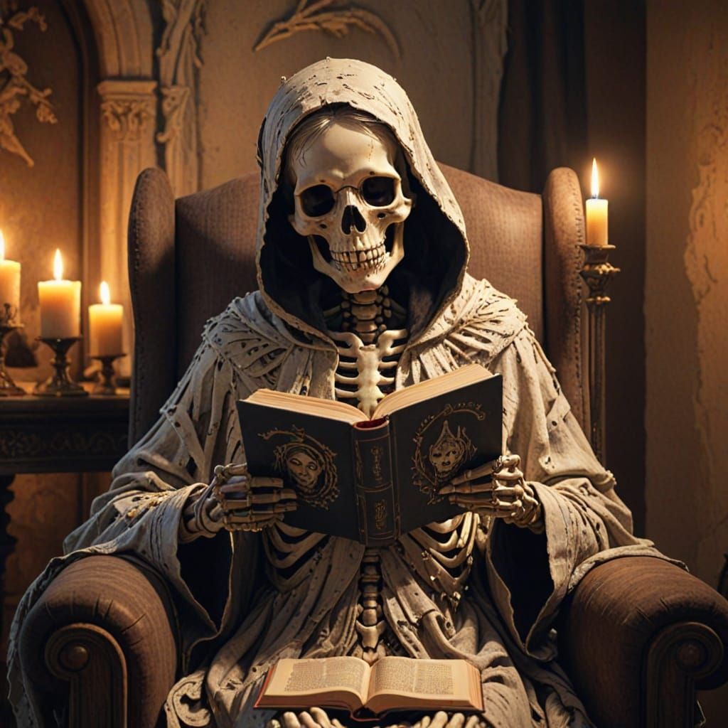 Angel of Death Reads: Whimsical Gothic Pencil Sketch