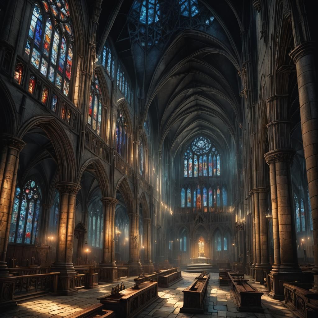 Spooky Gothic Church Interior with Stained Glass