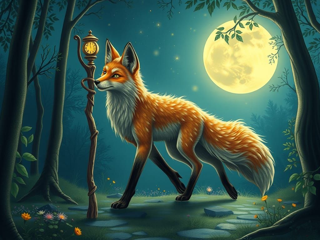 Sorcerer Fox in Moonlit Glade with Ancient Wisdom