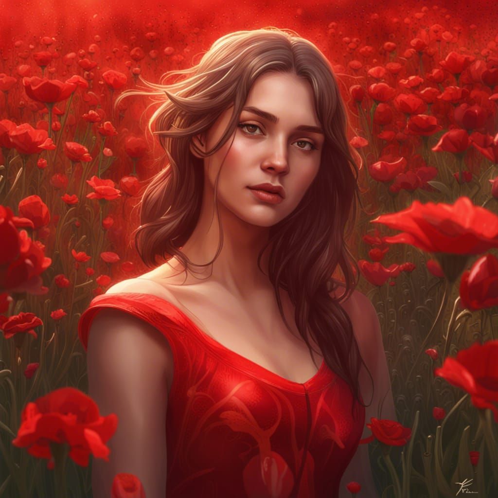 Hyperdetailed Portrait of Girl in Flower Field