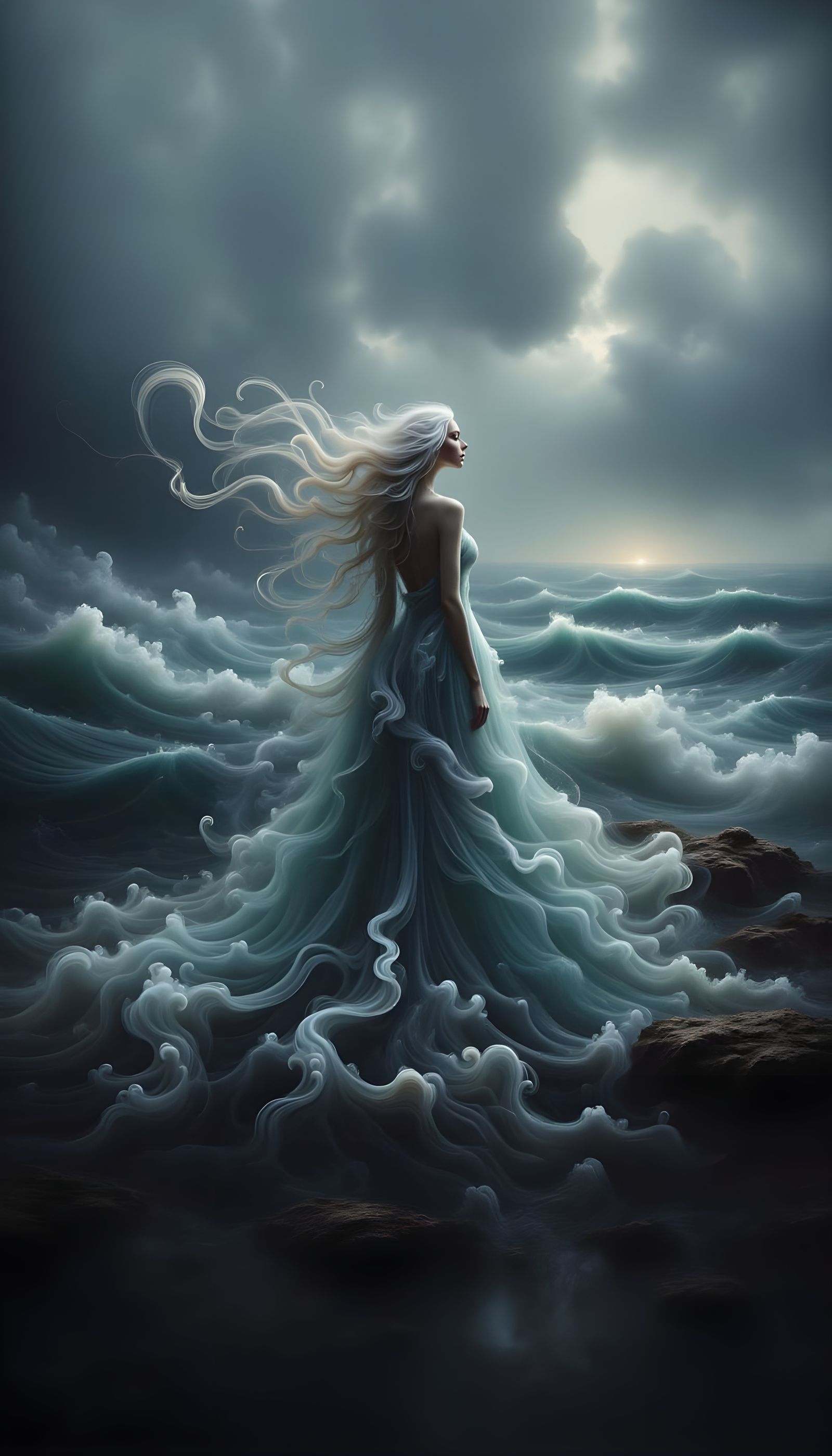 Ethereal Woman with Flowing White Hair