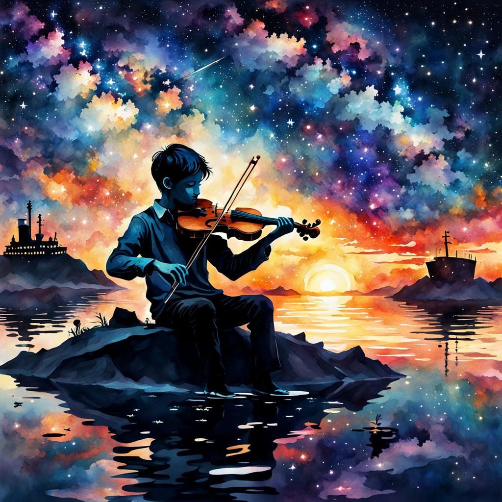 Boy's Starlit Titanic Serenade: Watercolor Galaxy Sunset