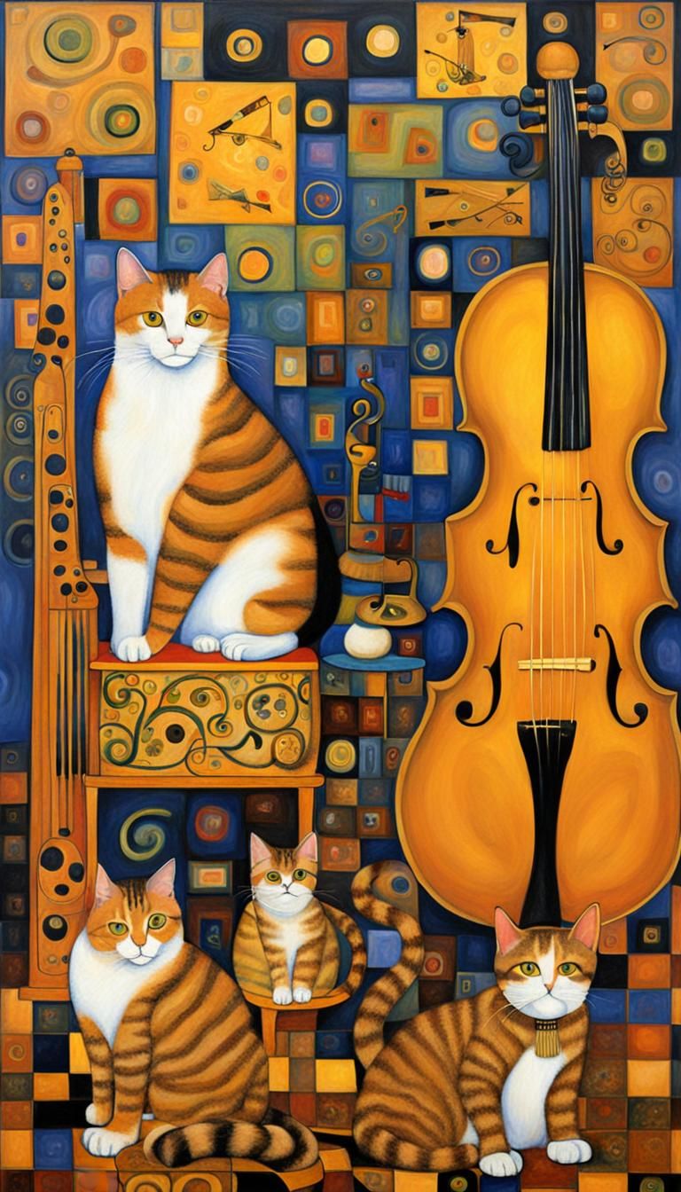 Cats in A room, musical instruments in the style of Gustav Klimt