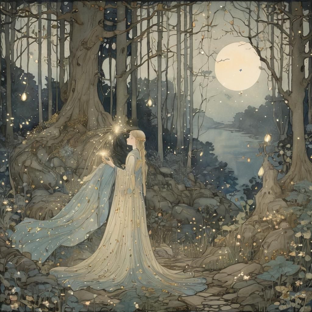 fairytale woodlands in the style of kay nielsen and Ivan Bilibin and Arthur Rackham and Edmund Dulac