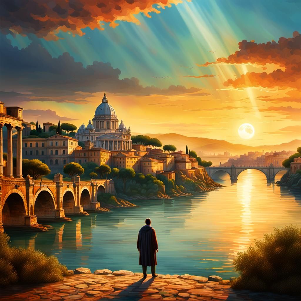 Rome Panorama at Sunset in Oil Painting Style