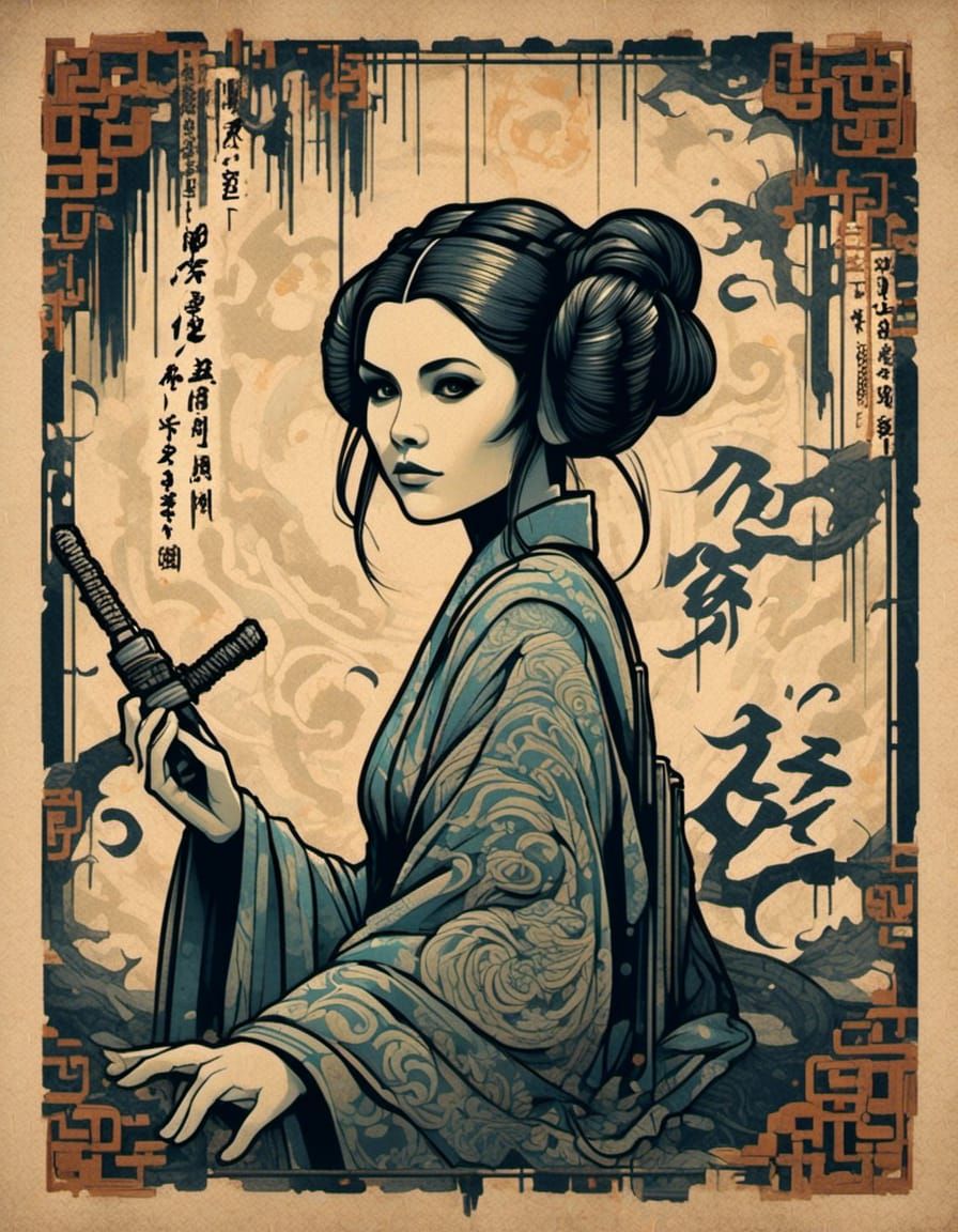 Princess Leia in Woodblock Calligraphy Style