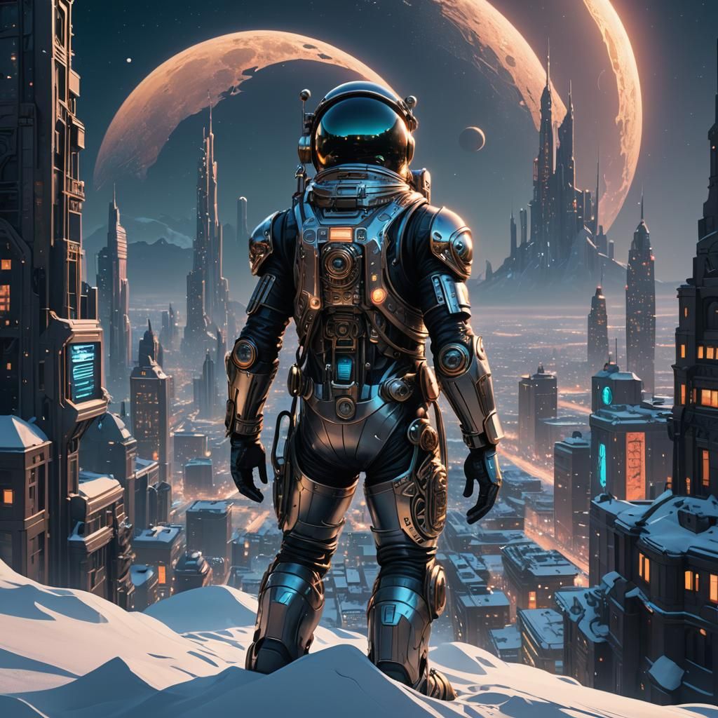 Astronaut in Snowy Cyberpunk Cityscape