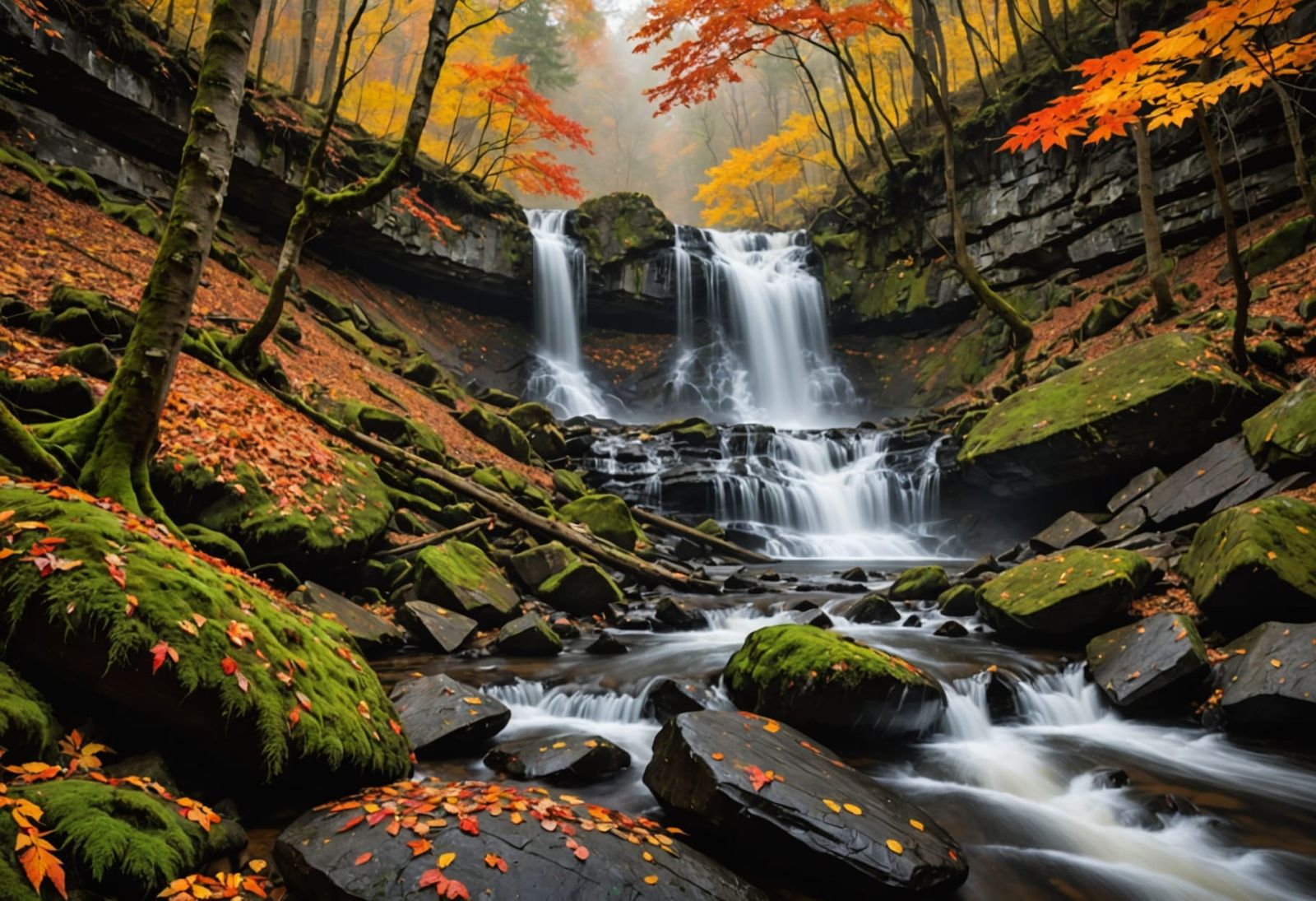 Autumn Waterfall in Misty Forest