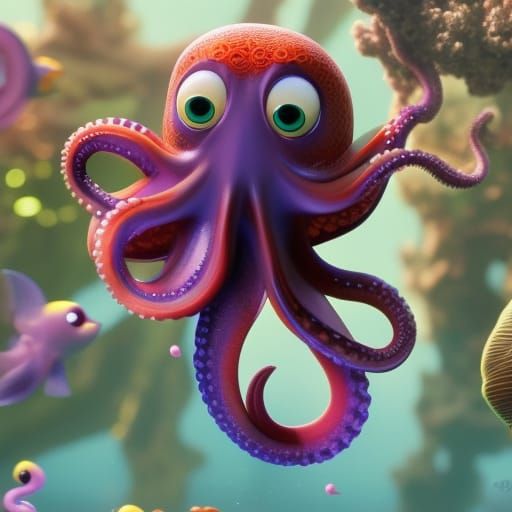 Cute Octopus Playing with Fish in 3D Digital Art