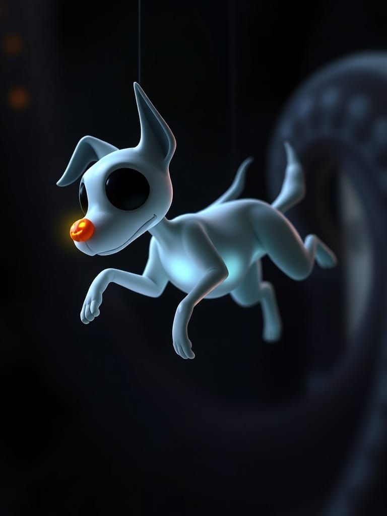 Pixar Style Ghostly Dog Zero in Mid-Air