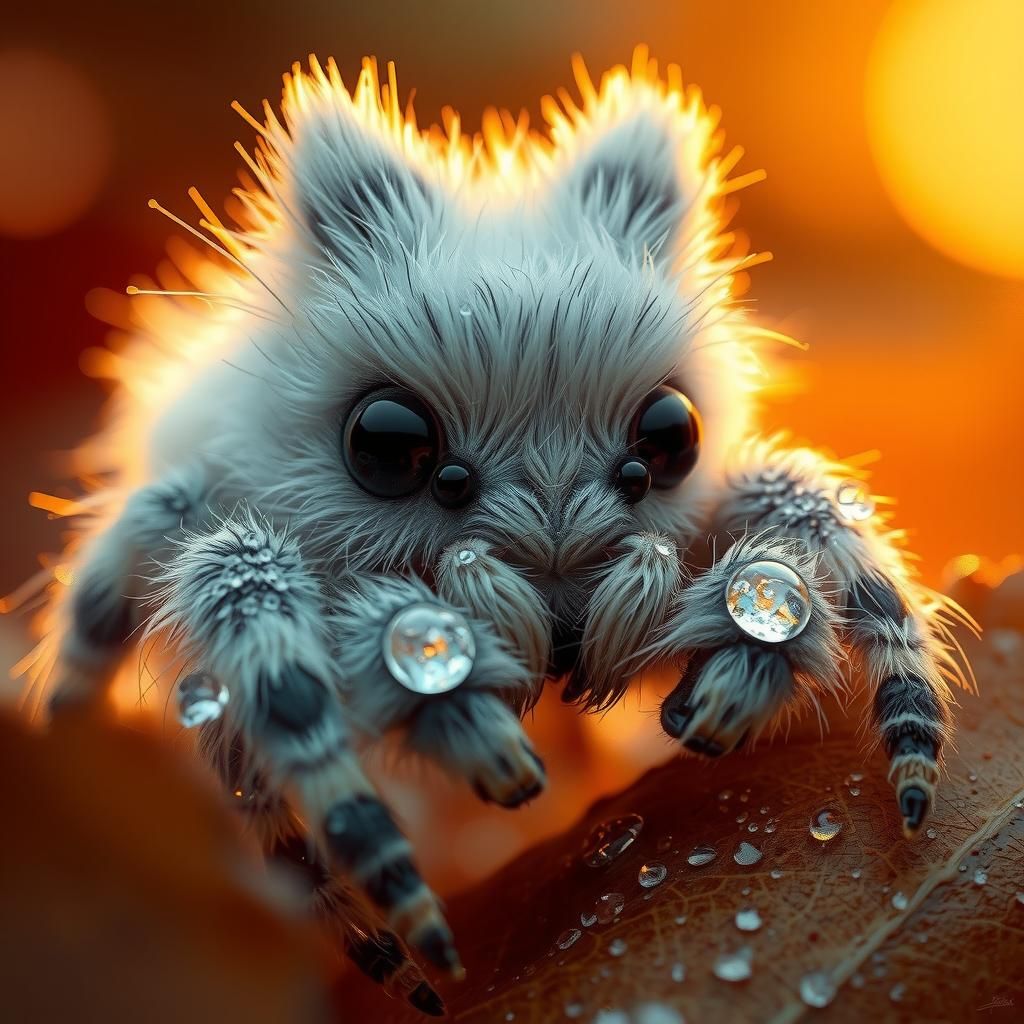 Fluffy Ghost Spider with Dew Drops on Autumn Leaves