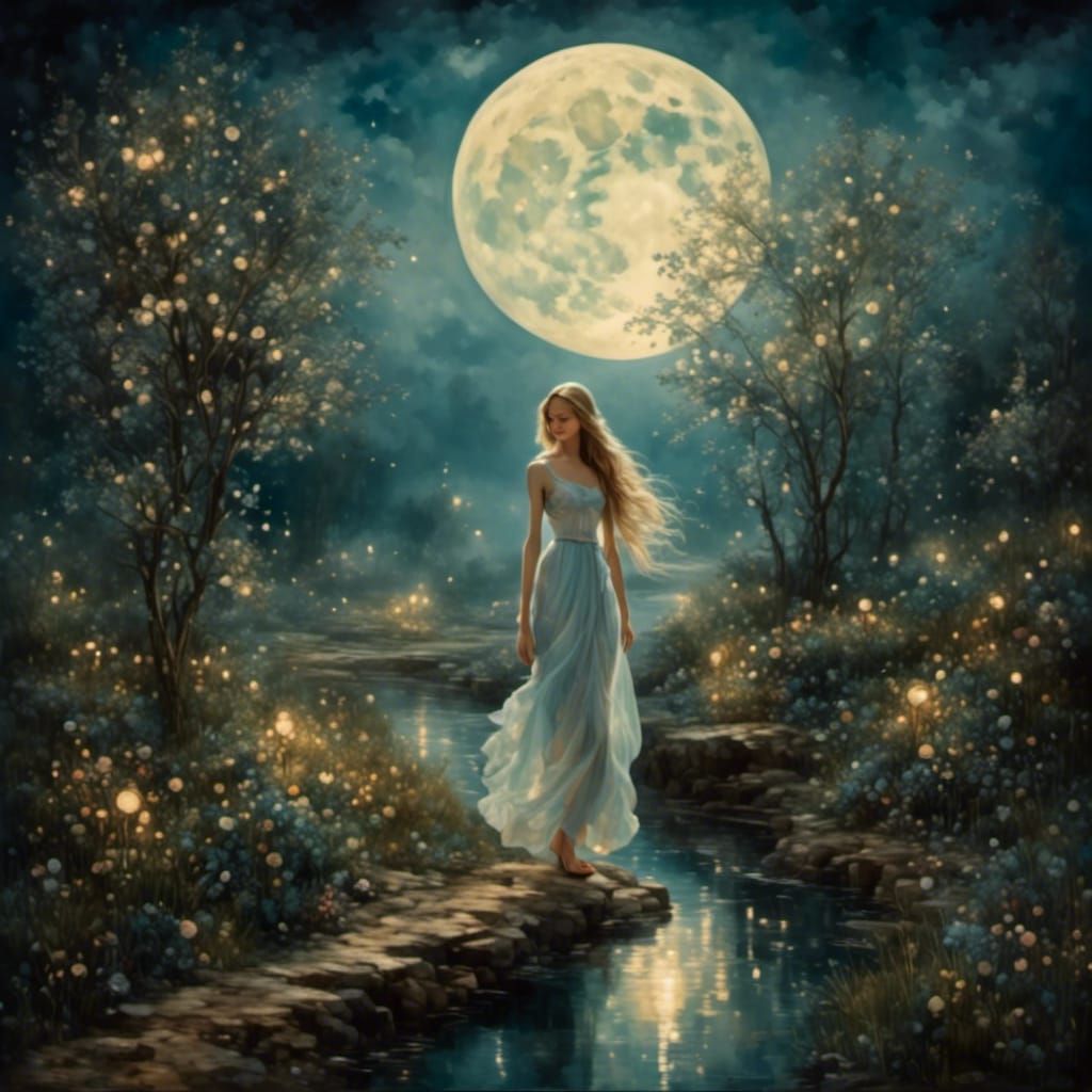 Girl Walking in Moonlight with Vintage Vibe