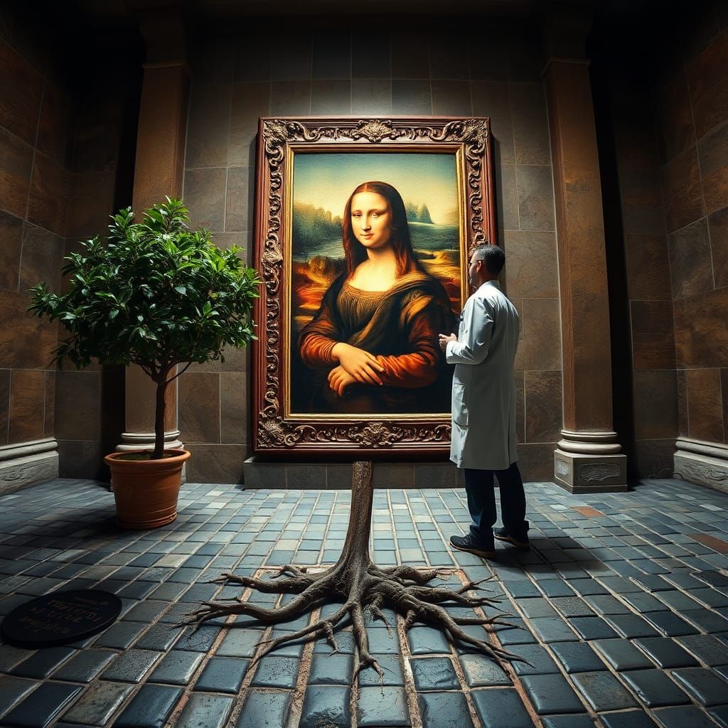 Doctor Examines Rooted Man by Mona Lisa