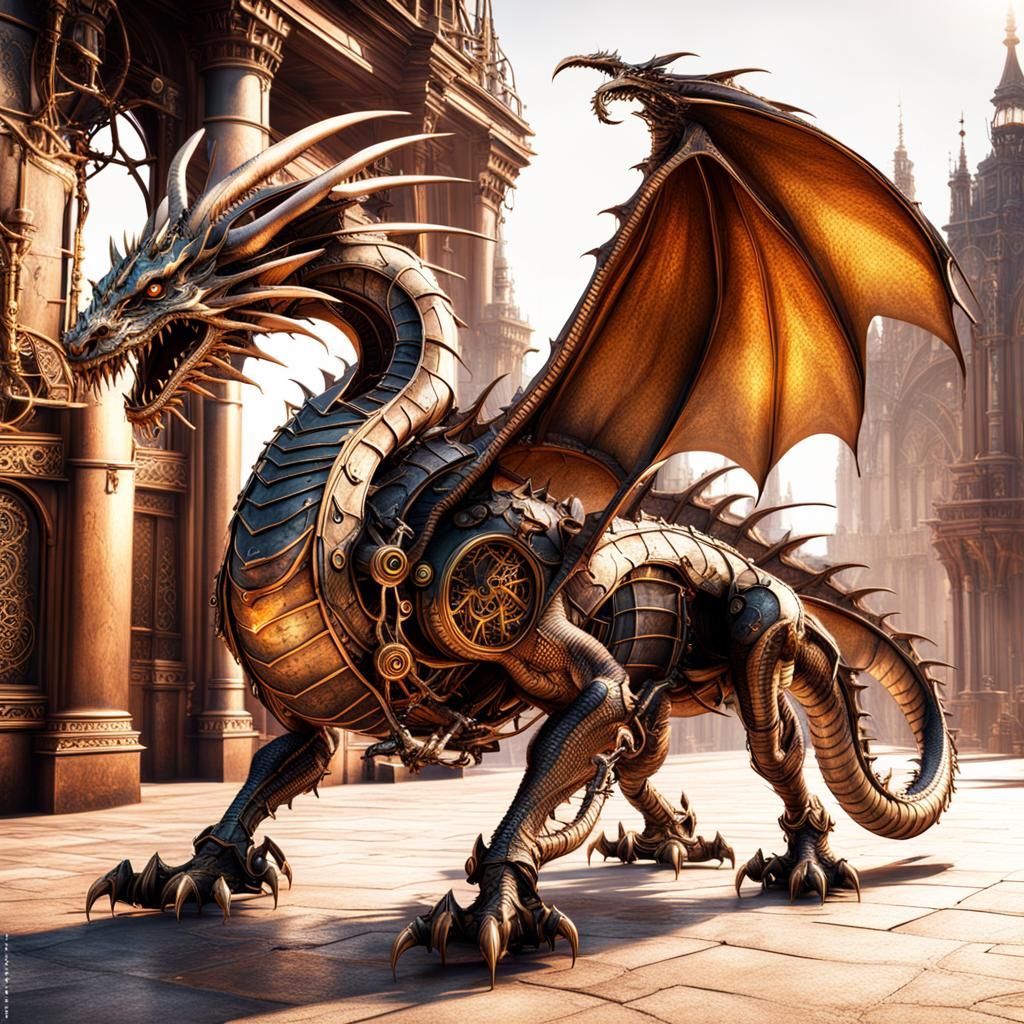 Steampunk Dragon on White Background: Detailed Matte Paintin...