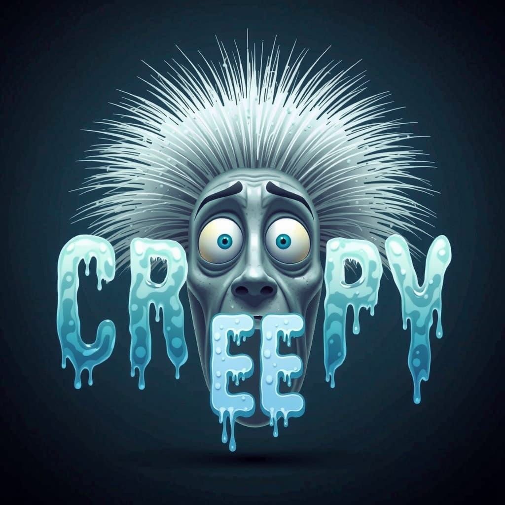 The word “CREEPY” in neon ICE BLUE liquid font where the letters appear to be made of water, using flowing shapes and tr...