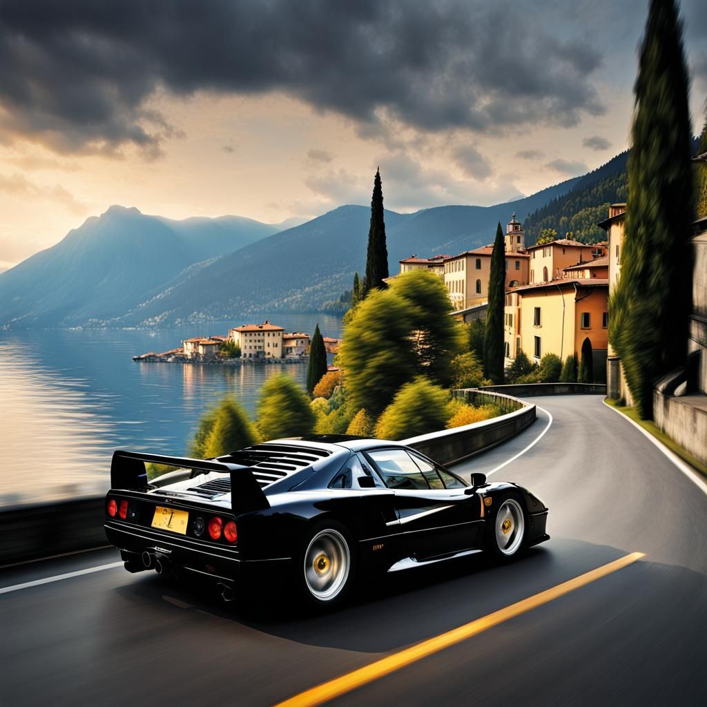 Black Ferrari F40 on Lake Como: Hyperrealistic