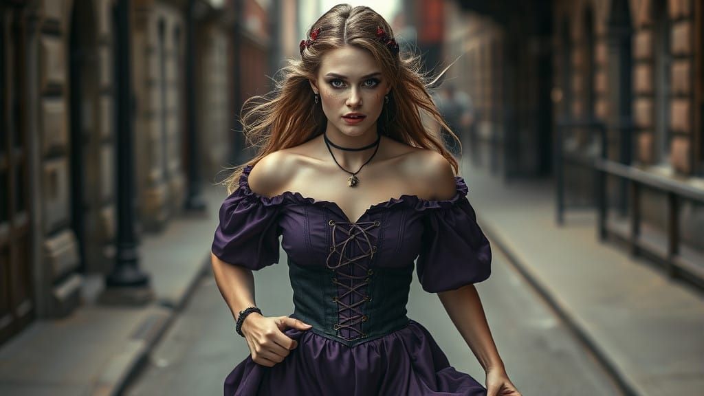 Steampunk Victorian Woman Runs Down Street