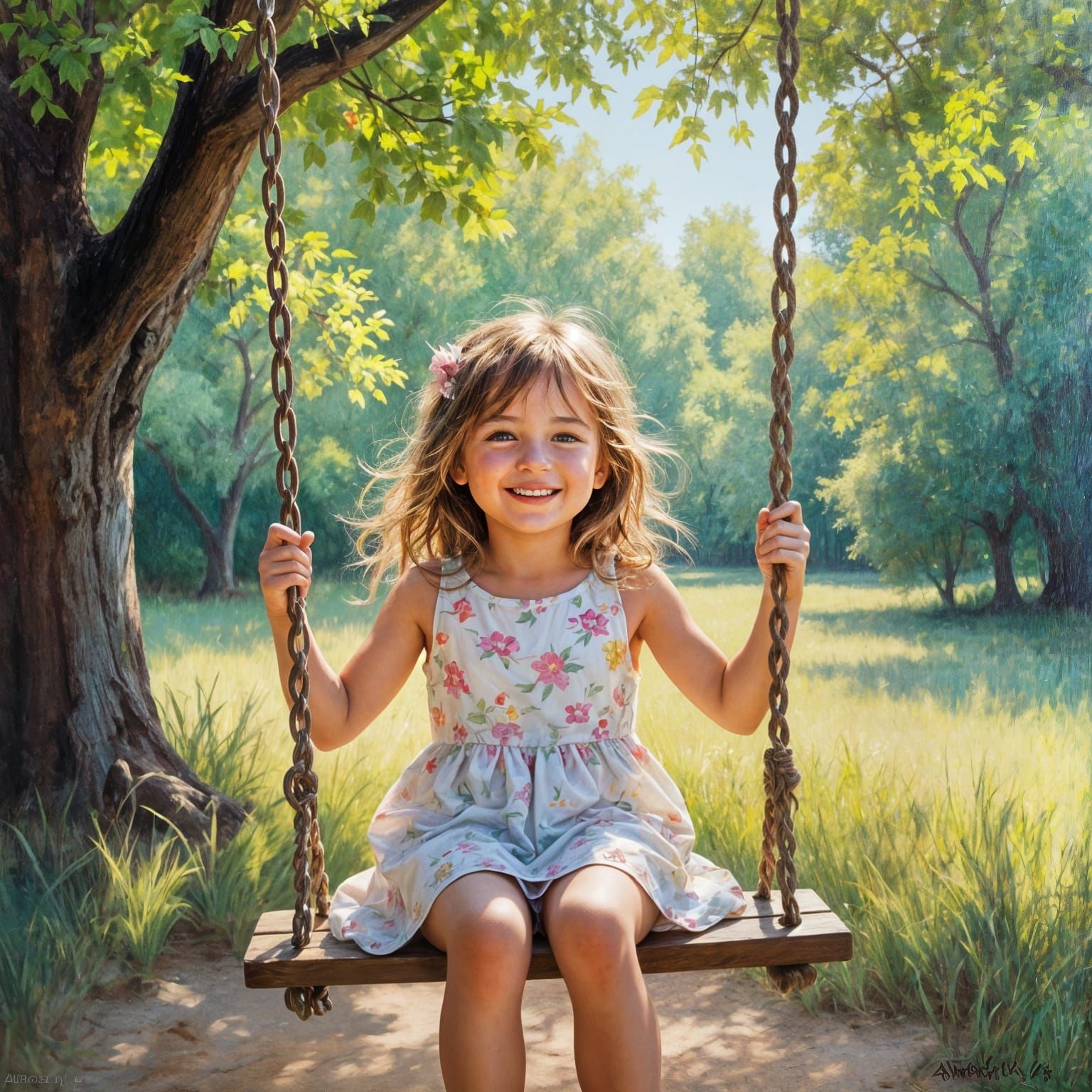 A Child's Joy on a Swing Set, Oil on Canvas