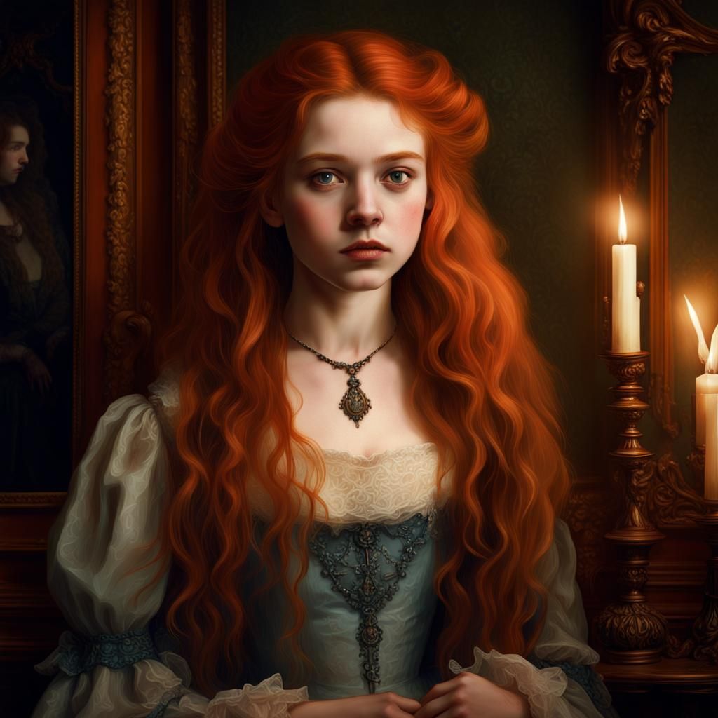 Auburn-Haired Girl in Baroque Room, 1880s Portrait