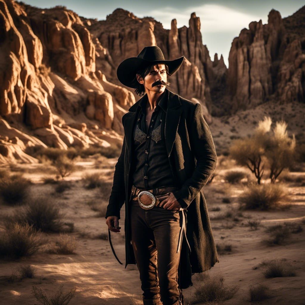 Handsome Cowboy in Stark Desert Landscape, Impasto Style