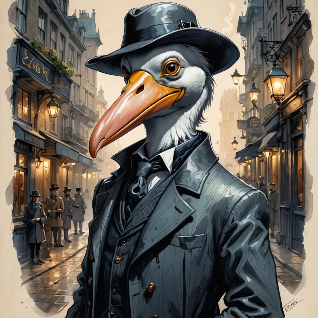Sherlock Holmes Pelican in Cartoon Style