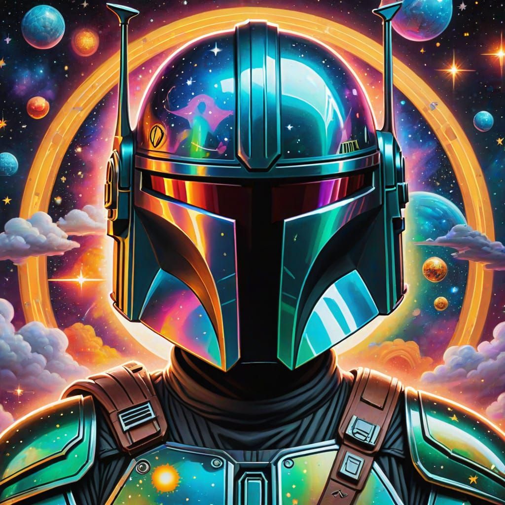 Vibrant Star Wars Mandalorian Portrait in Cosmic Galaxy