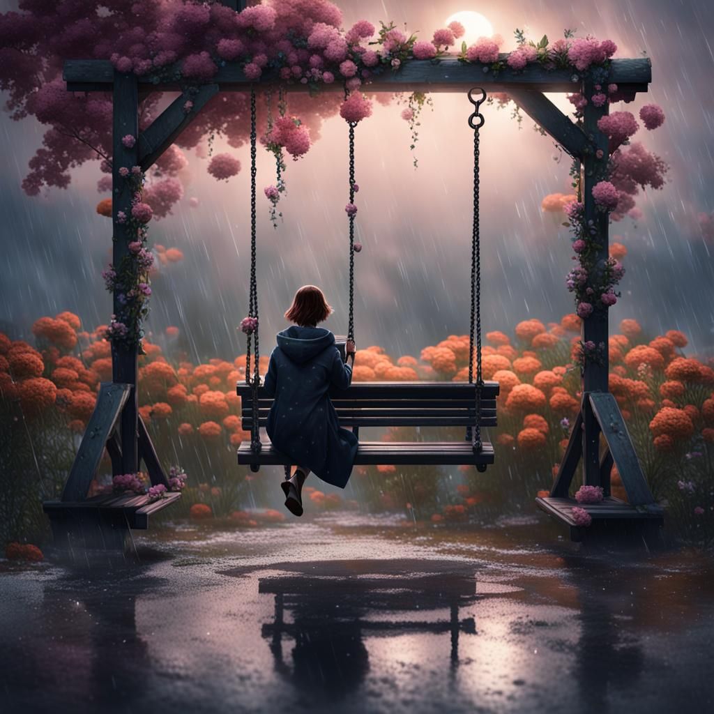 Woman on Swing Set in Rainy Fantasy Landscape
