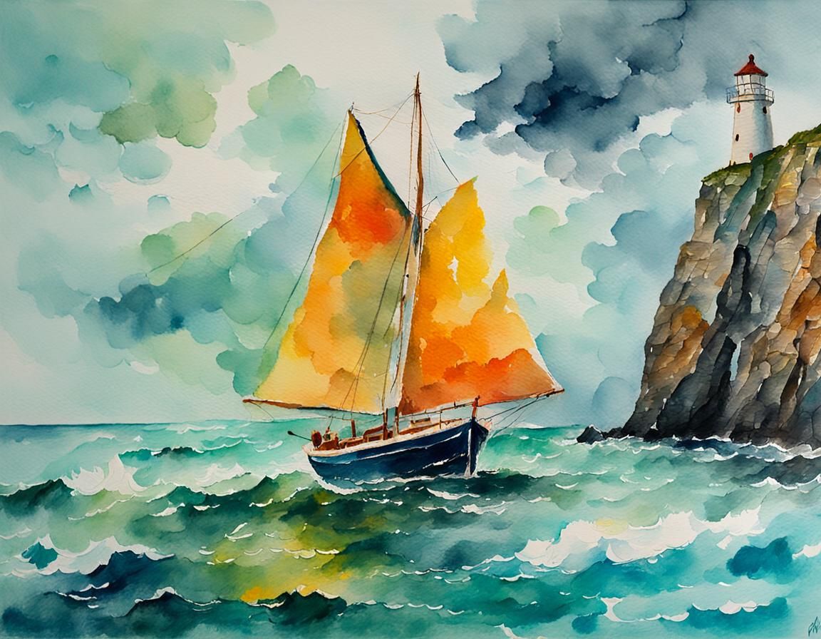 Brittany Coast Sailboat in Abstract Expressionist Style