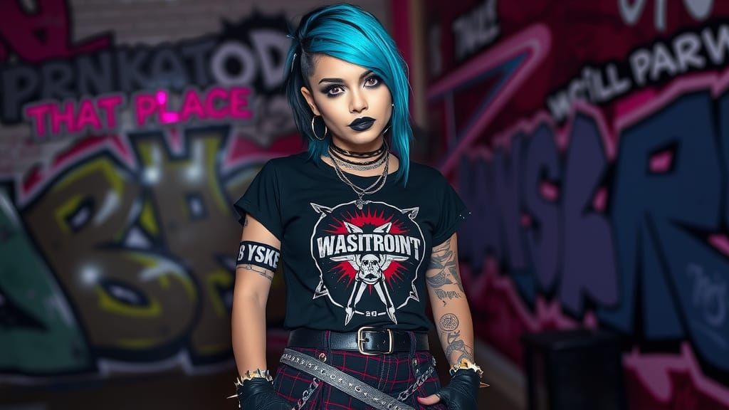 Punk Girl with Asymmetrical Hair in Urban Graffiti, as Pop A...