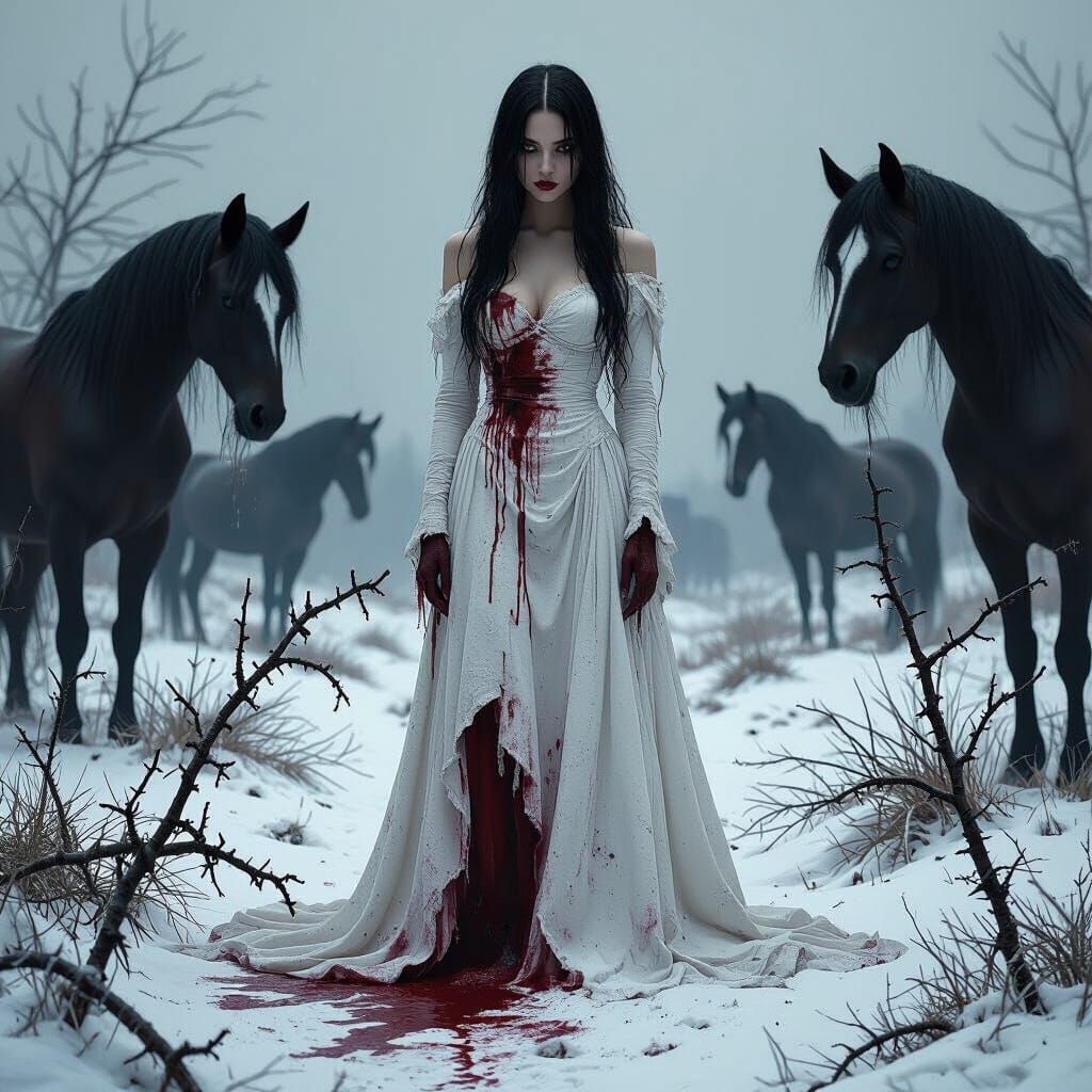 Gothic Woman in Winter Landscape as Dark Art