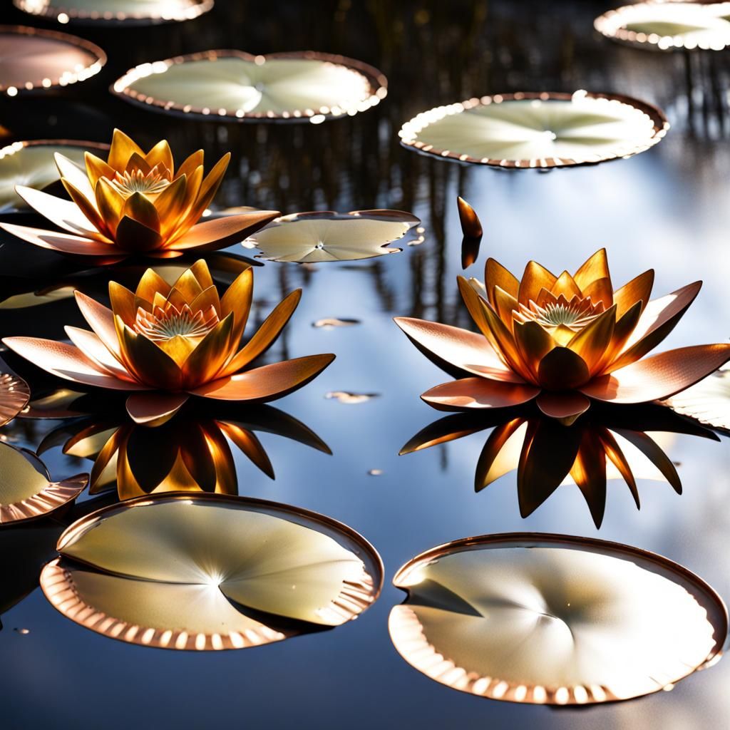Metallic Water Lilies in Glass Pond