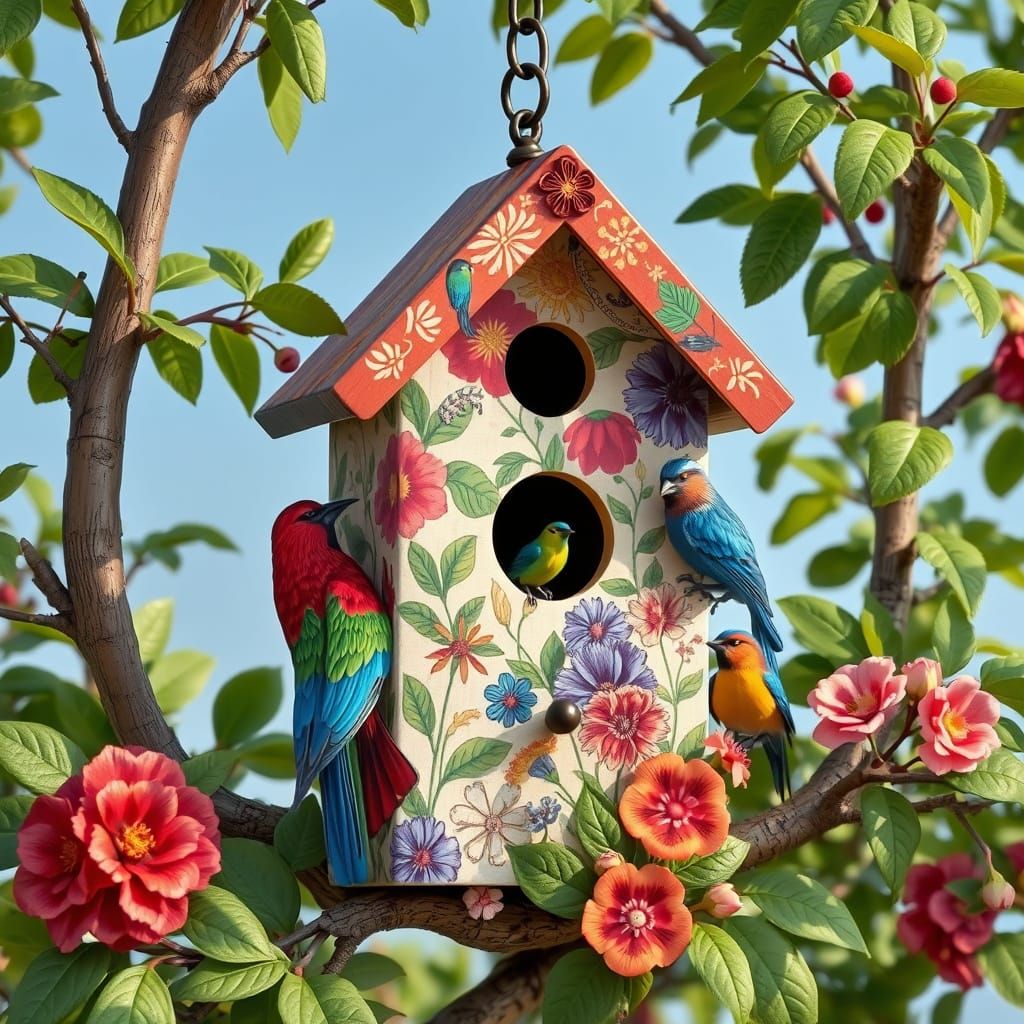 Colorful Birdhouse in Lush Tree, Wildlife Art Style