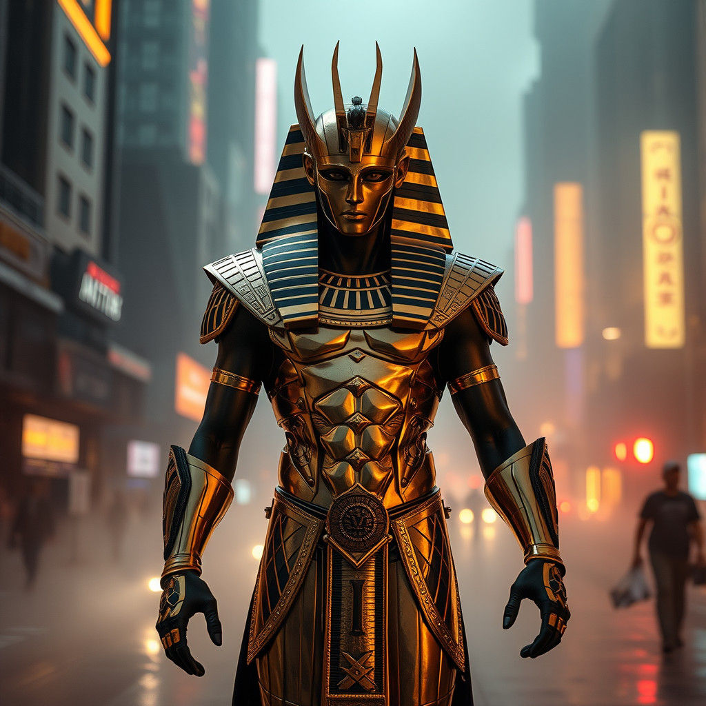 Osiris in Golden Armor in Cyberpunk Cityscape