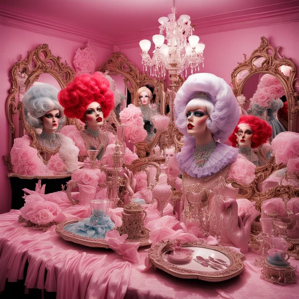 Extravagant Drag Queen in Satin Gown, Detailed Matte Paintin...